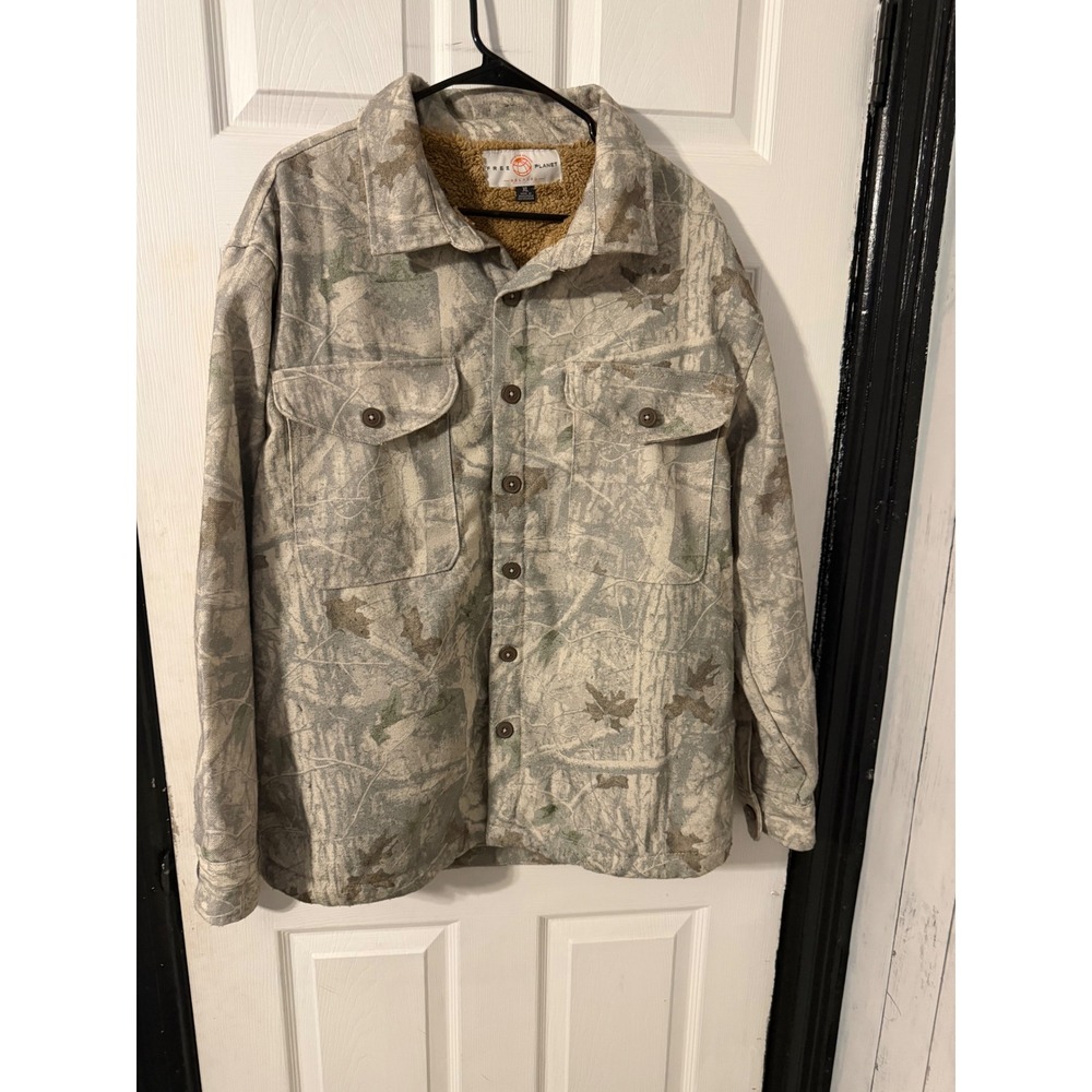 Free Planet Mens XL Sherpa Lined Camo Shirt Jacket Grey Tan Forest Camouflage